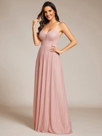 Sparkle Sleeveless Backless Formal Evening Dress with V-Neck - Pink