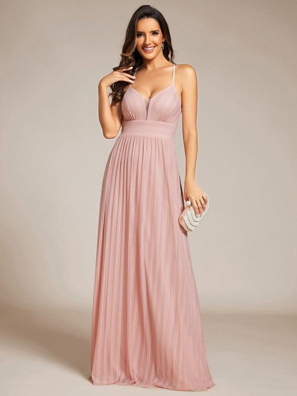 Sparkle Sleeveless Backless Formal Evening Dress with V-Neck - Pink