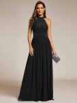 Halter Neck Pleated Glittery Formal Evening Dress with Empire Waist – Black