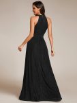 Halter Neck Pleated Glittery Formal Evening Dress with Empire Waist – Black