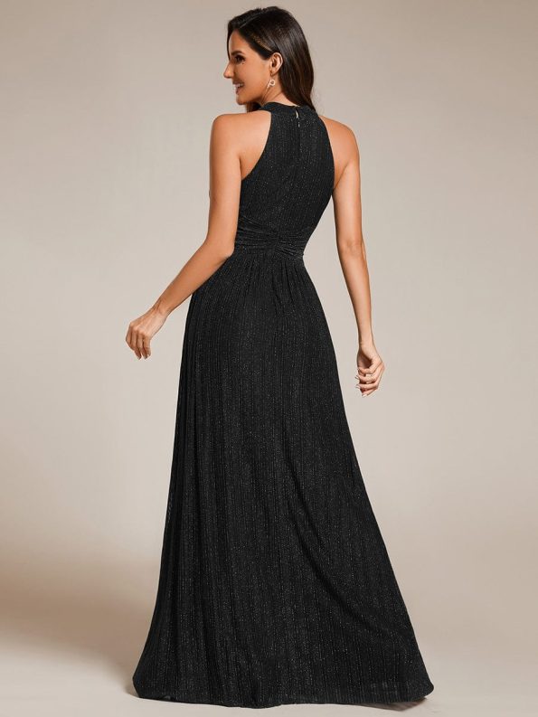 Halter Neck Pleated Glittery Formal Evening Dress with Empire Waist - Black