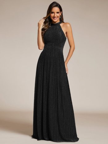 Halter Neck Pleated Glittery Formal Evening Dress with Empire Waist - Black