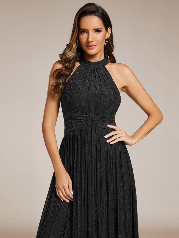 Halter Neck Pleated Glittery Formal Evening Dress with Empire Waist - Black