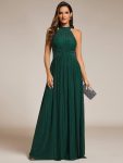 Halter Neck Pleated Glittery Formal Evening Dress with Empire Waist – Dark Green