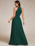 Halter Neck Pleated Glittery Formal Evening Dress with Empire Waist – Dark Green