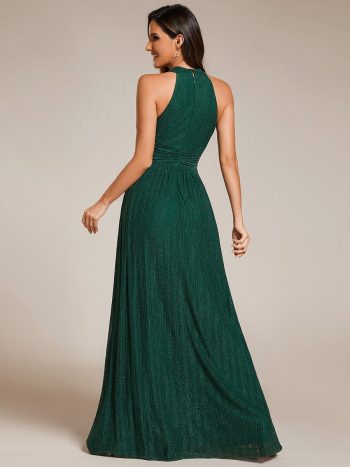 Halter Neck Pleated Glittery Formal Evening Dress with Empire Waist - Dark Green