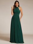 Halter Neck Pleated Glittery Formal Evening Dress with Empire Waist – Dark Green