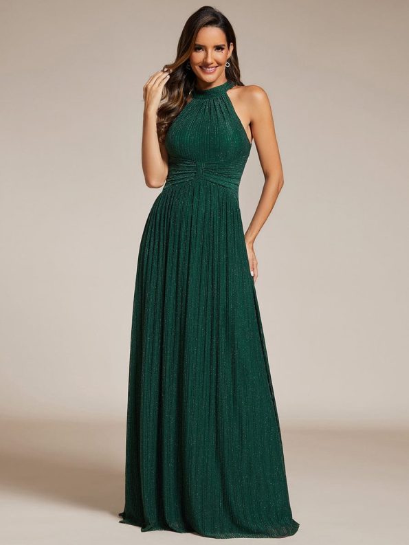 Halter Neck Pleated Glittery Formal Evening Dress with Empire Waist - Dark Green