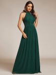 Halter Neck Pleated Glittery Formal Evening Dress with Empire Waist – Dark Green