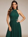 Halter Neck Pleated Glittery Formal Evening Dress with Empire Waist – Dark Green