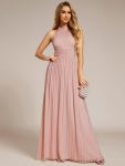 Halter Neck Pleated Glittery Formal Evening Dress with Empire Waist – Pink