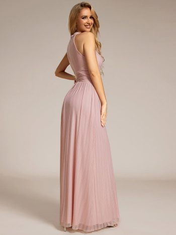 Halter Neck Pleated Glittery Formal Evening Dress with Empire Waist - Pink