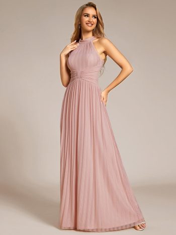 Halter Neck Pleated Glittery Formal Evening Dress with Empire Waist - Pink