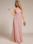 Halter Neck Pleated Glittery Formal Evening Dress with Empire Waist – Pink