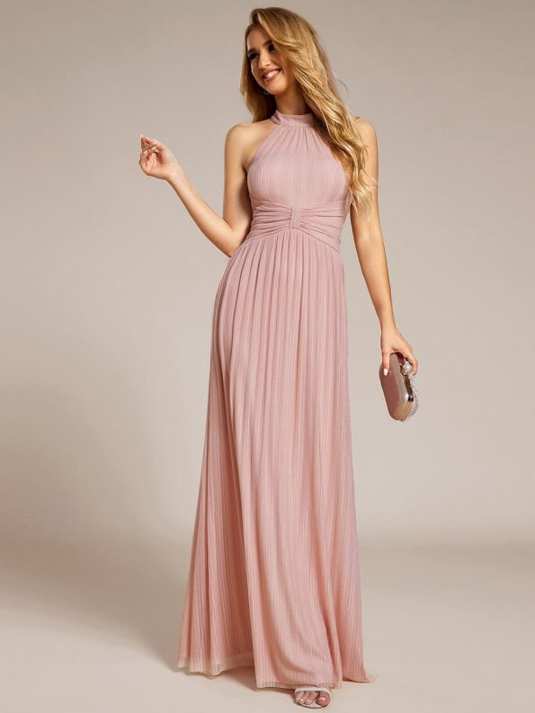 Halter Neck Pleated Glittery Formal Evening Dress with Empire Waist - Pink