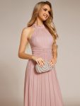 Halter Neck Pleated Glittery Formal Evening Dress with Empire Waist – Pink