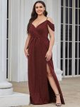 V-Neck Cold Shoulder Floor-Length Evening Dress – Burgundy