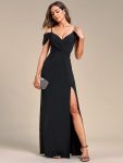 V-Neck Cold Shoulder Floor-Length Evening Dress - Black