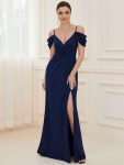 V-Neck Cold Shoulder Floor-Length Evening Dress – Navy Blue