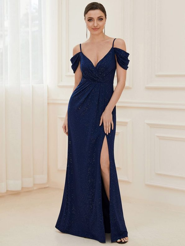 V-Neck Cold Shoulder Floor-Length Evening Dress - Navy Blue