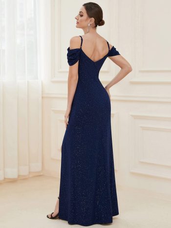 V-Neck Cold Shoulder Floor-Length Evening Dress - Navy Blue