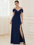 V-Neck Cold Shoulder Floor-Length Evening Dress – Navy Blue