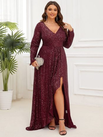 Plus Size Sequin V-Neck Long Sleeve High Slit Bodycon Evening Dress - Burgundy