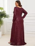 Plus Size Sequin V-Neck Long Sleeve High Slit Bodycon Evening Dress – Burgundy