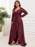 Plus Size Sequin V-Neck Long Sleeve High Slit Bodycon Evening Dress – Burgundy