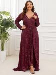 Plus Size Sequin V-Neck Long Sleeve High Slit Bodycon Evening Dress – Burgundy