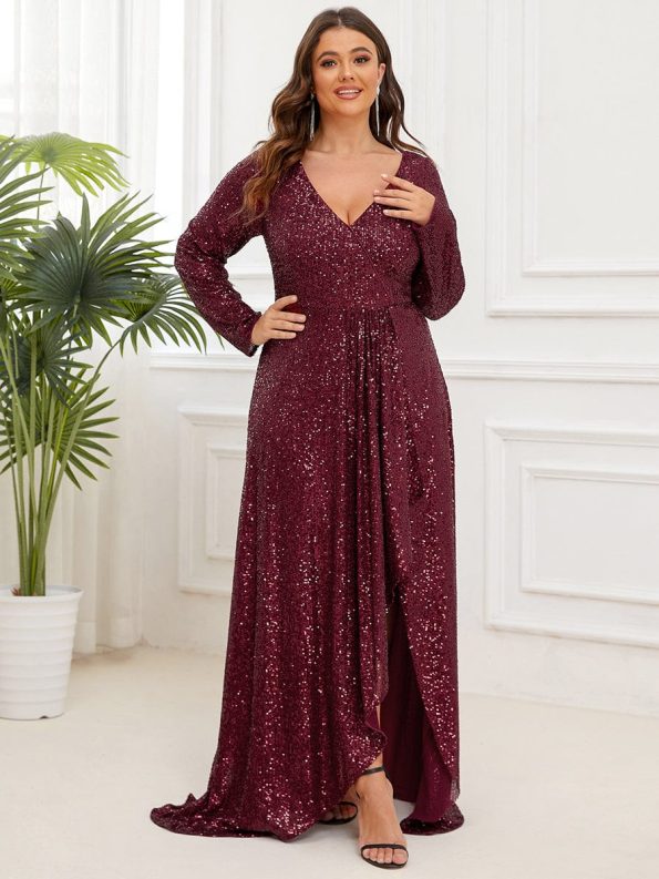 Plus Size Sequin V-Neck Long Sleeve High Slit Bodycon Evening Dress - Burgundy