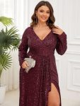 Plus Size Sequin V-Neck Long Sleeve High Slit Bodycon Evening Dress – Burgundy