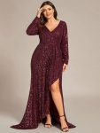 Custom Size Sequin Long Sleeve V-Neck High Slit Bodycon Evening Dress – Burgundy