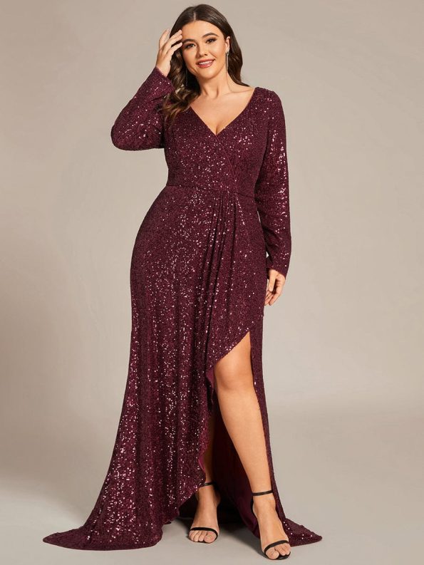 Sequin Long Sleeve V-neck Asymmetrical Hem Evening Dress - Burgundy