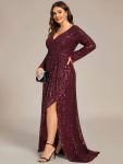 Custom Size Sequin Long Sleeve V-Neck High Slit Bodycon Evening Dress – Burgundy