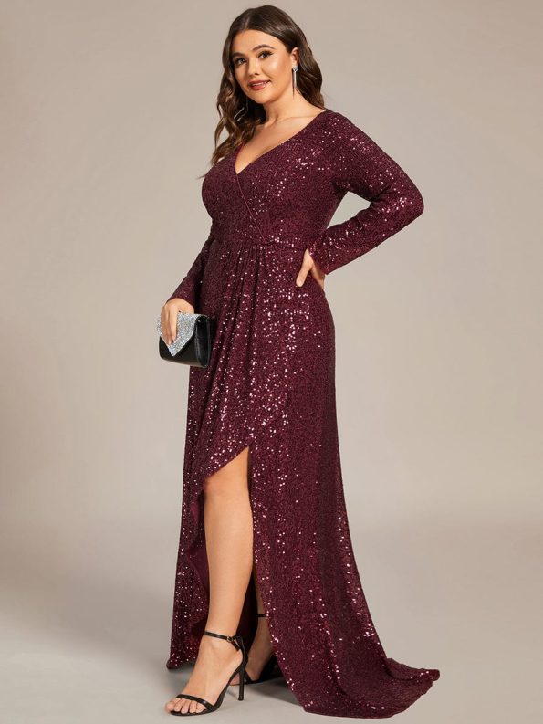 Custom Size Sequin Long Sleeve V-Neck High Slit Bodycon Evening Dress - Burgundy