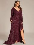 Custom Size Sequin Long Sleeve V-Neck High Slit Bodycon Evening Dress – Burgundy