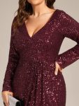 Sequin Long Sleeve V-neck Asymmetrical Hem Evening Dress – Burgundy