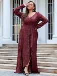 Plus Size Sequin V-Neck Long Sleeve High Slit Bodycon Evening Dress – Burgundy