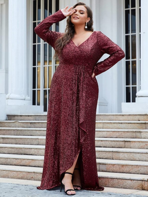 Plus Size Sequin V-Neck Long Sleeve High Slit Bodycon Evening Dress - Burgundy