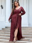 Plus Size Sequin V-Neck Long Sleeve High Slit Bodycon Evening Dress – Burgundy