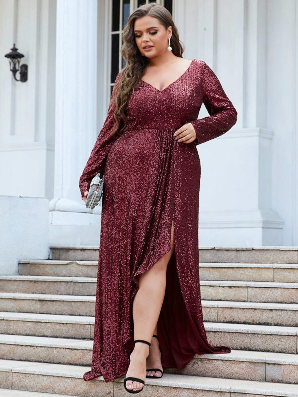 Plus Size Sequin V-Neck Long Sleeve High Slit Bodycon Evening Dress - Burgundy