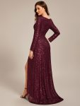 Sequin Long Sleeve V-neck Asymmetrical Hem Evening Dress – Burgundy