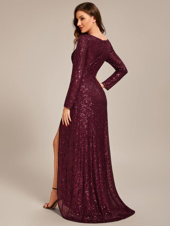 Sequin Long Sleeve V-neck Asymmetrical Hem Evening Dress - Burgundy