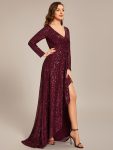 Sequin Long Sleeve V-neck Asymmetrical Hem Evening Dress – Burgundy