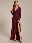 Sequin Long Sleeve V-neck Asymmetrical Hem Evening Dress – Burgundy