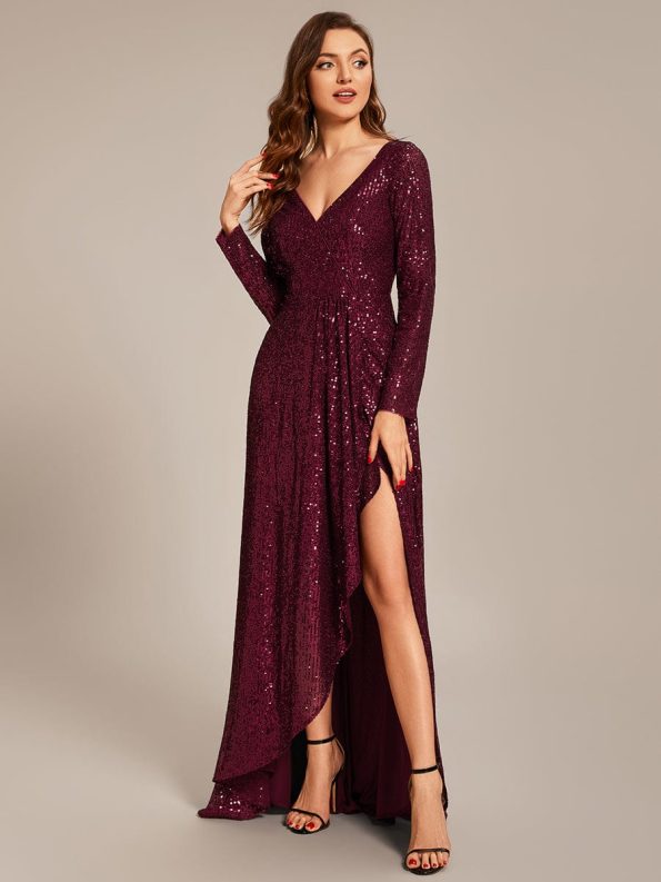 Sequin Long Sleeve V-neck Asymmetrical Hem Evening Dress - Burgundy