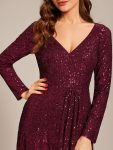 Sequin Long Sleeve V-neck Asymmetrical Hem Evening Dress – Burgundy