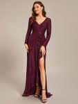 Sequin Long Sleeve V-neck Asymmetrical Hem Evening Dress - Burgundy