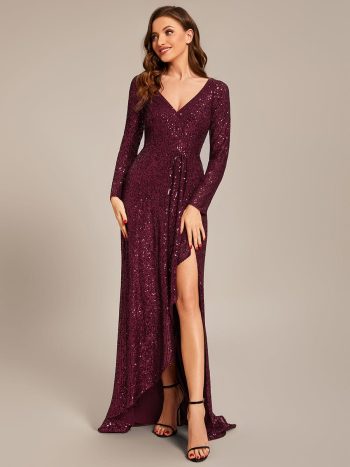 Sequin Long Sleeve V-neck Asymmetrical Hem Evening Dress - Burgundy